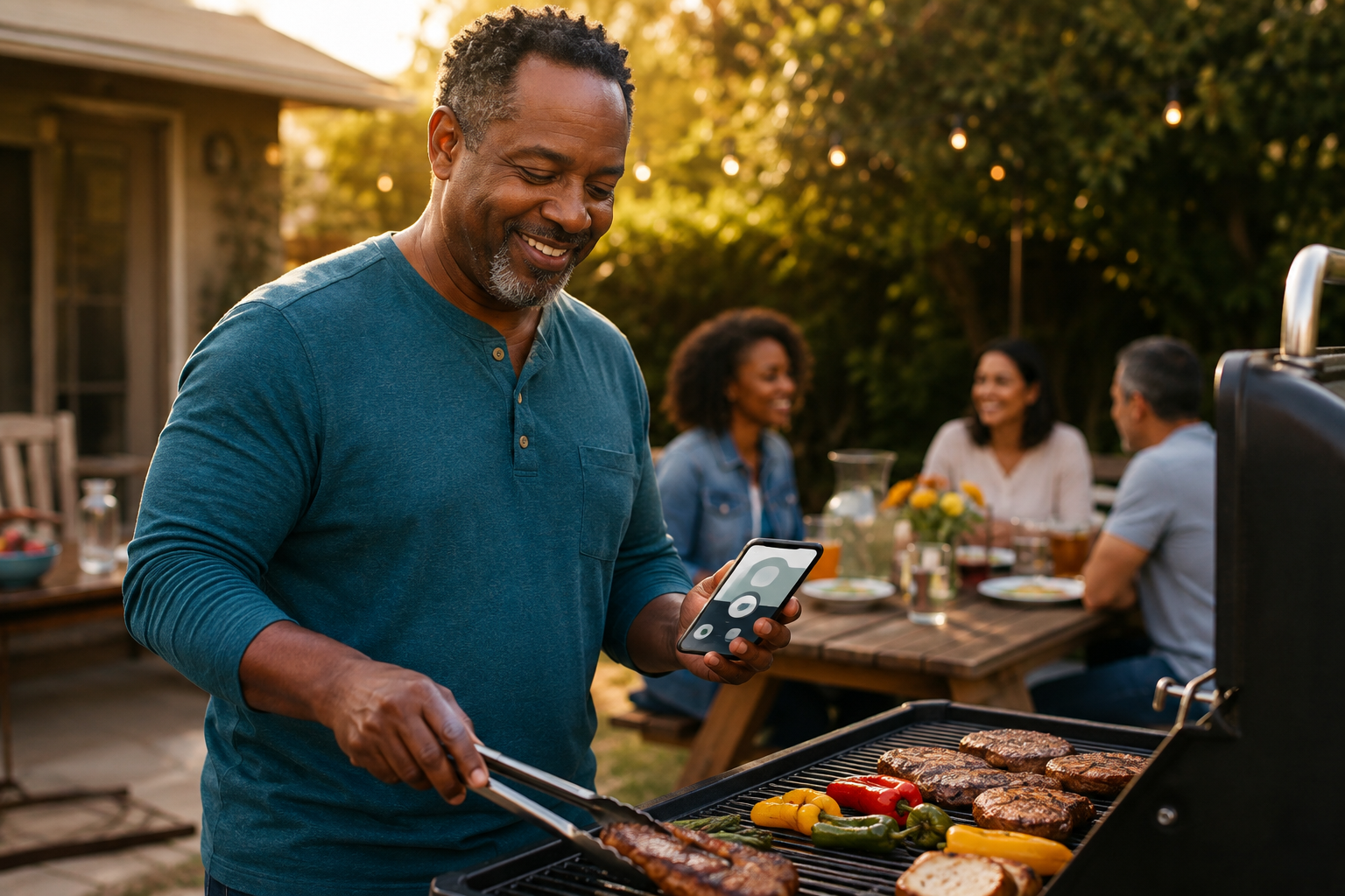 A man using AI on his phone while cooking at a backyard barbecue