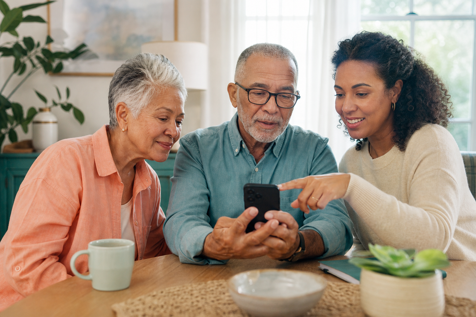 An older couple confidently using a smartphone with support from their adult daughter